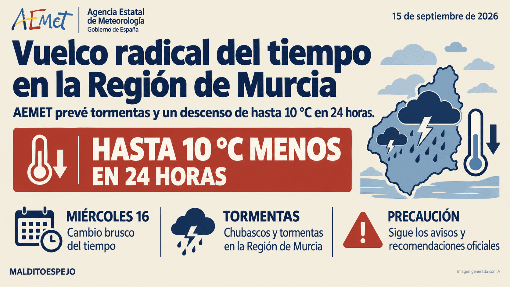 La AEMET prevé tormentas y una bajada de hasta 10 grados en la Región de Murcia esta semana
