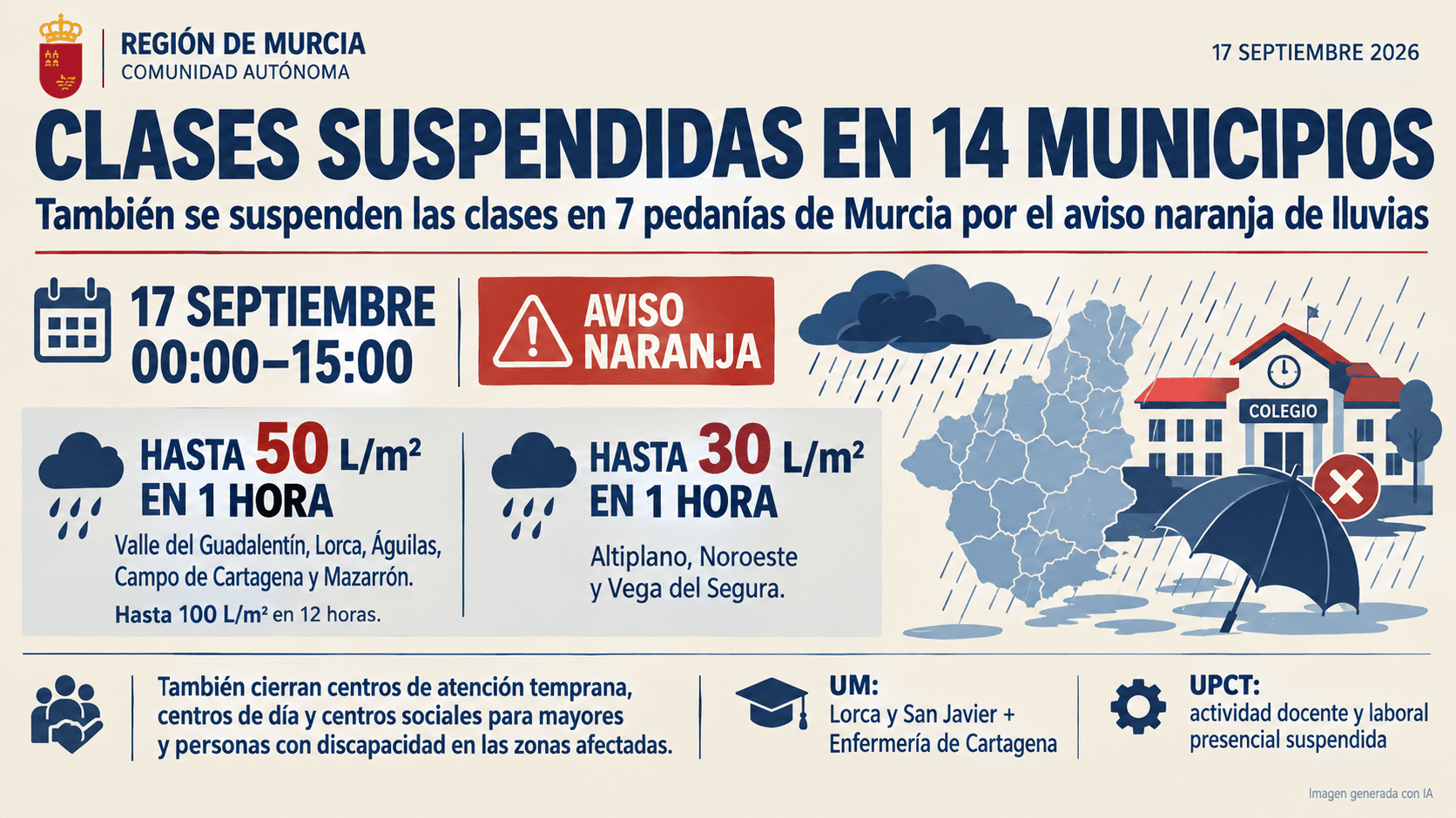 La Región suspende las clases y cierra los centros de mayores en 14 municipios por el aviso naranja de lluvias