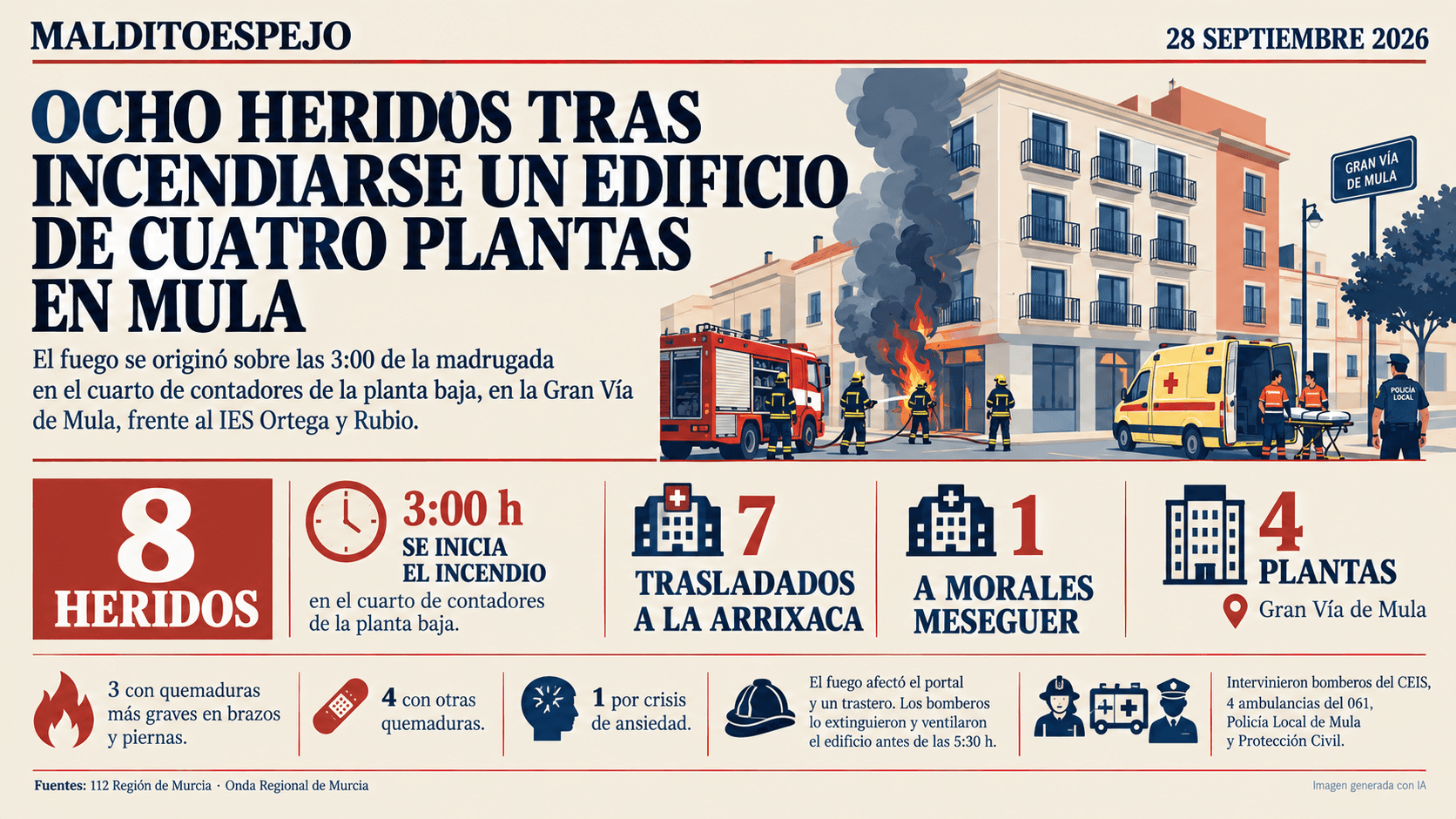 Ocho heridos tras incendiarse un edificio de cuatro plantas en Mula