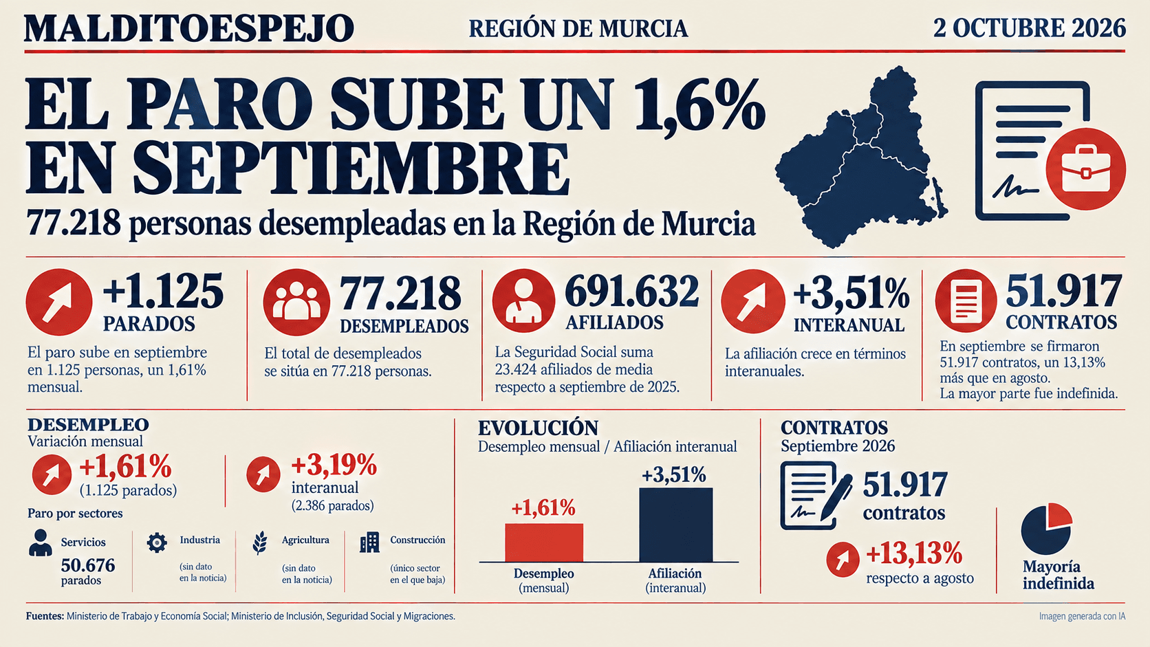 El paro sube un 1,6 % en septiembre en la Región mientras la afiliación a la Seguridad Social crece un 3,5 % interanual