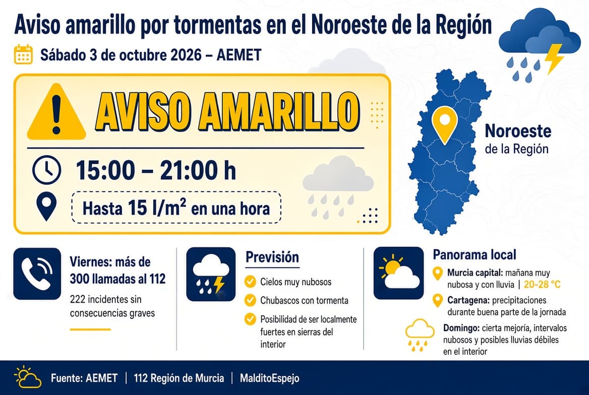 Aviso amarillo por tormentas este sábado en el Noroeste de la Región