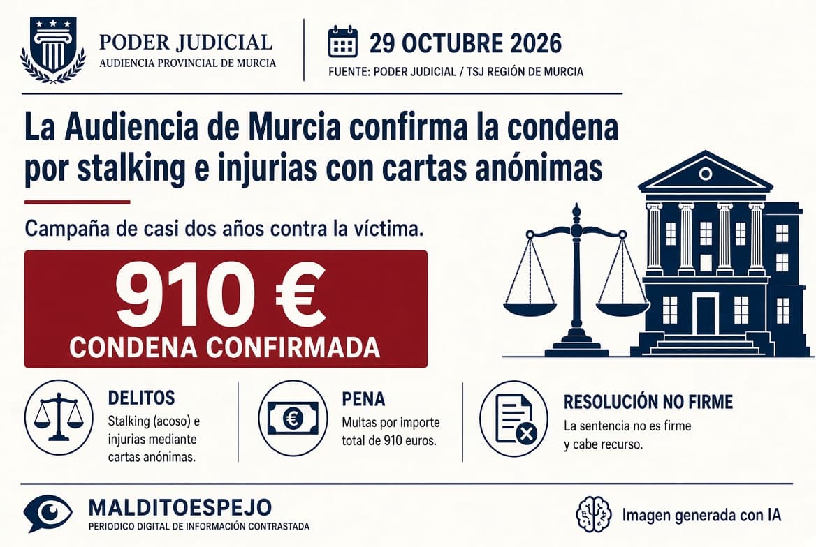 La Audiencia de Murcia confirma la condena por stalking e injurias a una mujer que acosó con cartas anónimas
