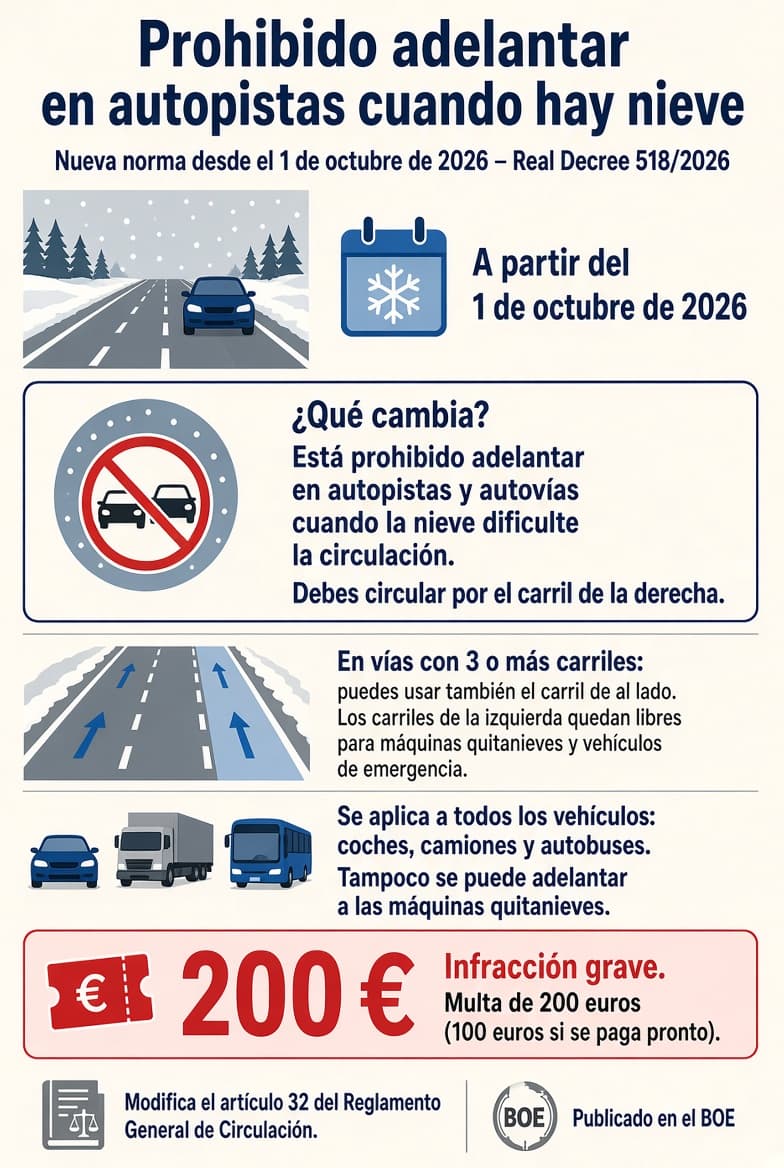 La DGT prohíbe adelantar en autopistas y autovías con nieve a partir del 1 de octubre