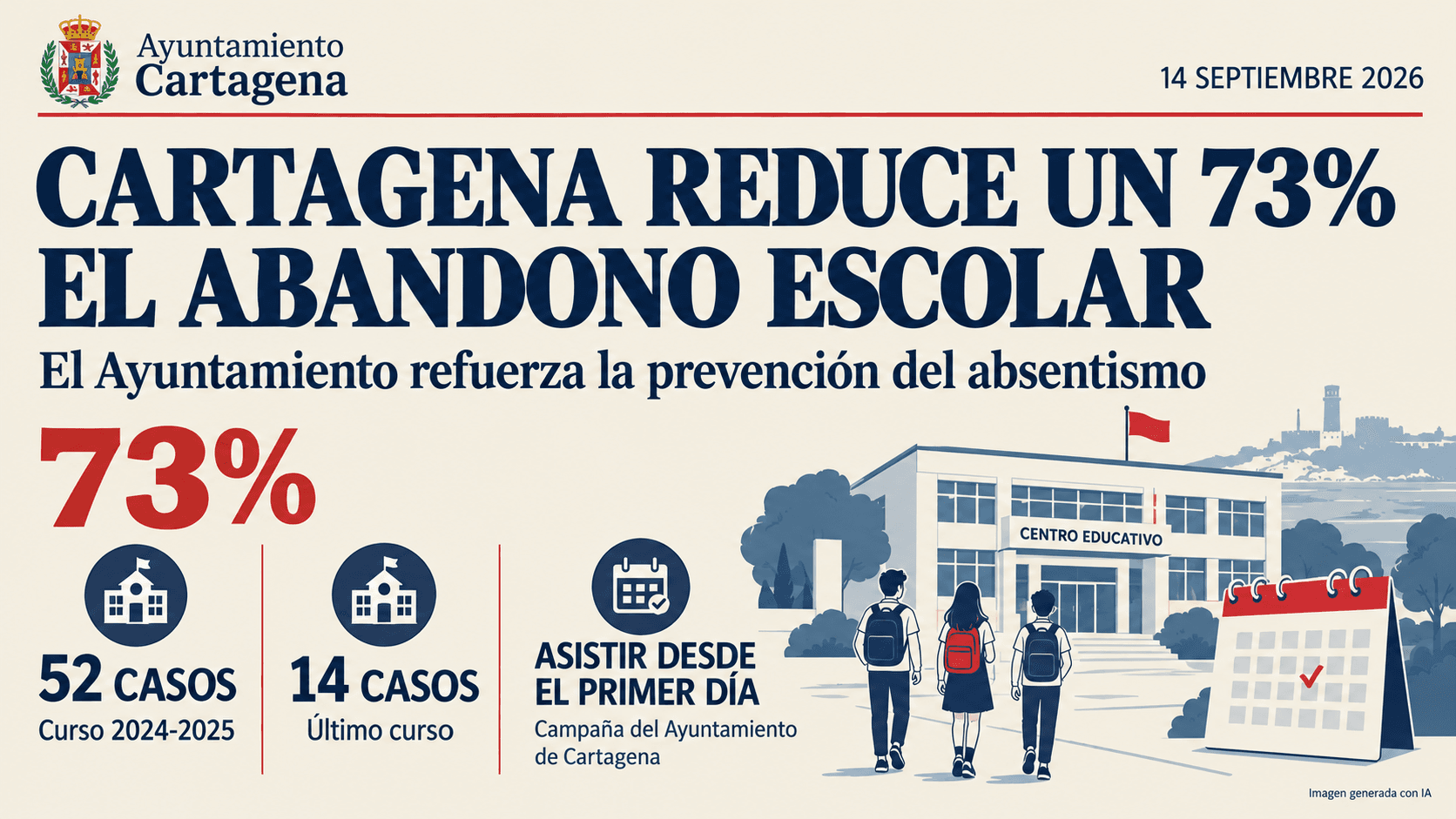 Cartagena reduce un 73% el abandono escolar temprano con una nueva campaña contra el absentismo