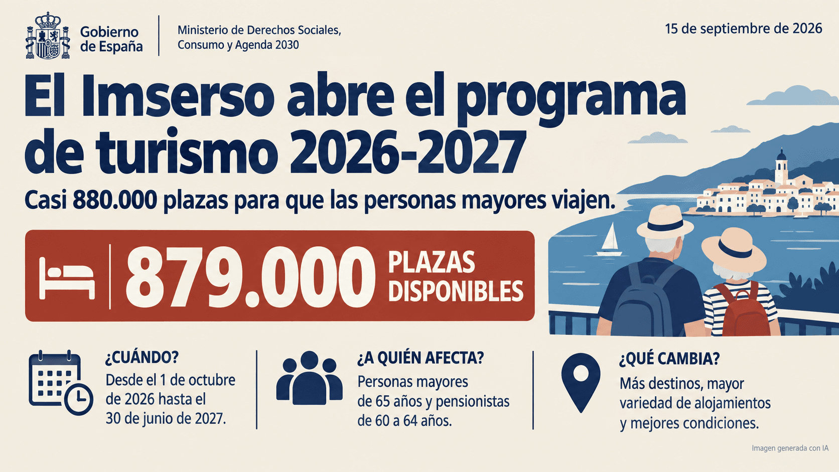 El Imserso abre la temporada de viajes 2026-2027 con casi 880.000 plazas