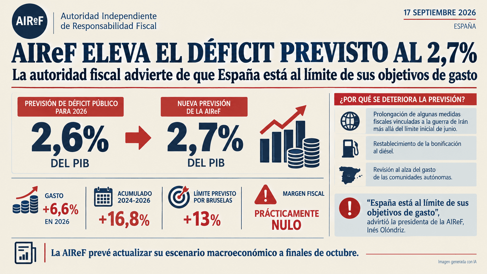 La AIReF eleva al 2,7 % su previsión de déficit y advierte de señales negativas