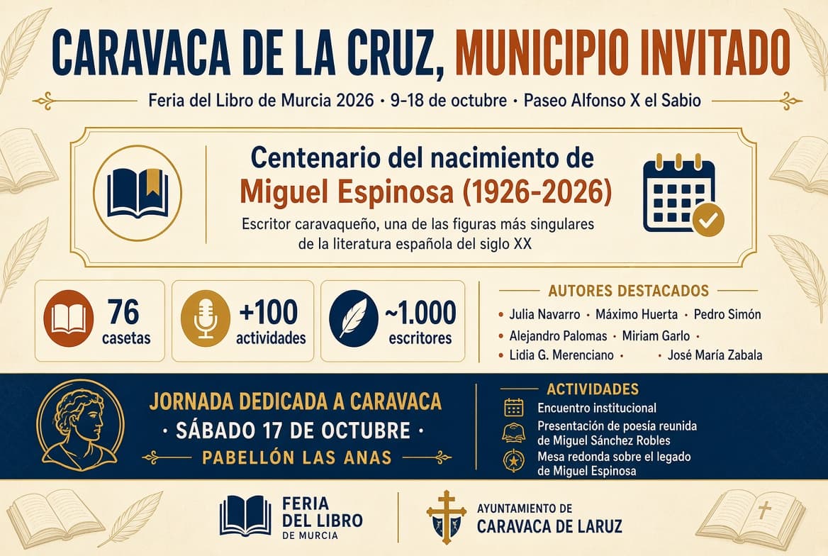 Caravaca de la Cruz será el municipio invitado de la Feria del Libro de Murcia 2026