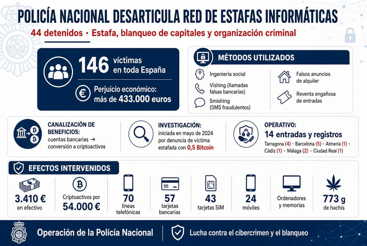 La Policía Nacional desarticula una organización que estafó más de 433.000 euros a 146 víctimas