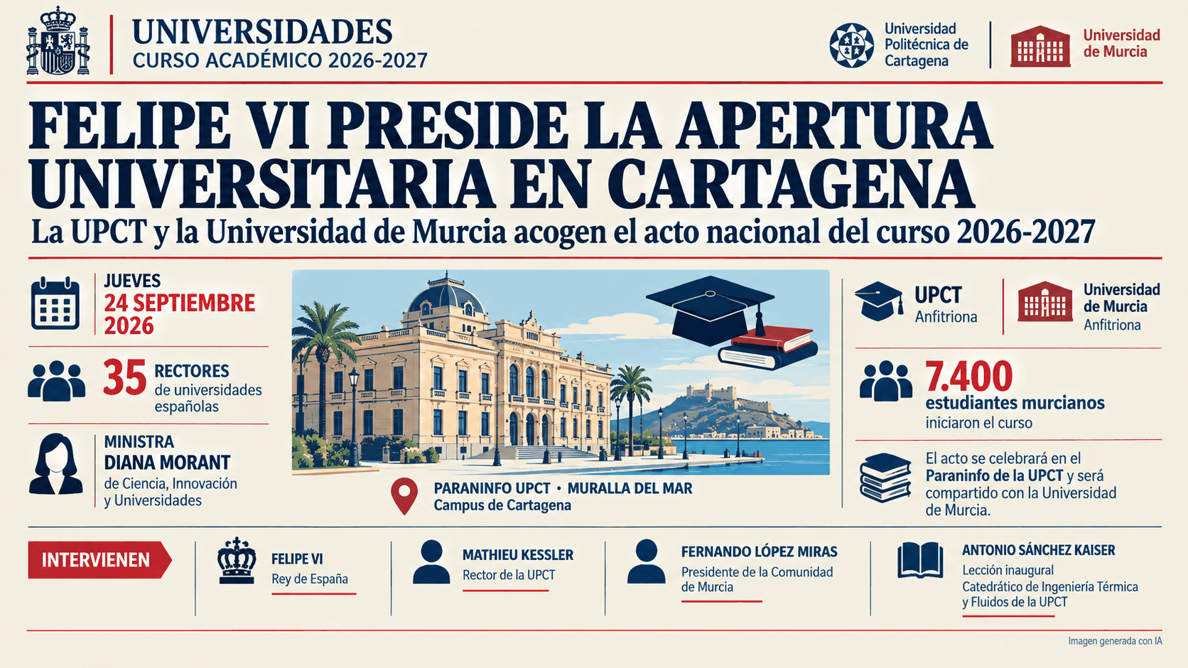 El Rey Felipe VI presidirá la apertura del curso universitario en la UPCT