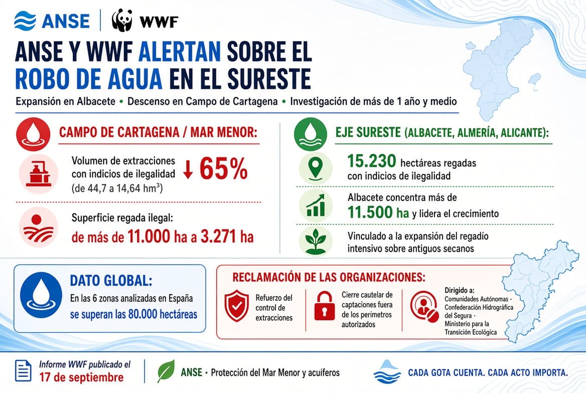 ANSE y WWF alertan de la expansión del robo de agua en Albacete y el Sureste del Segura, mientras baja en el Campo de Cartagena