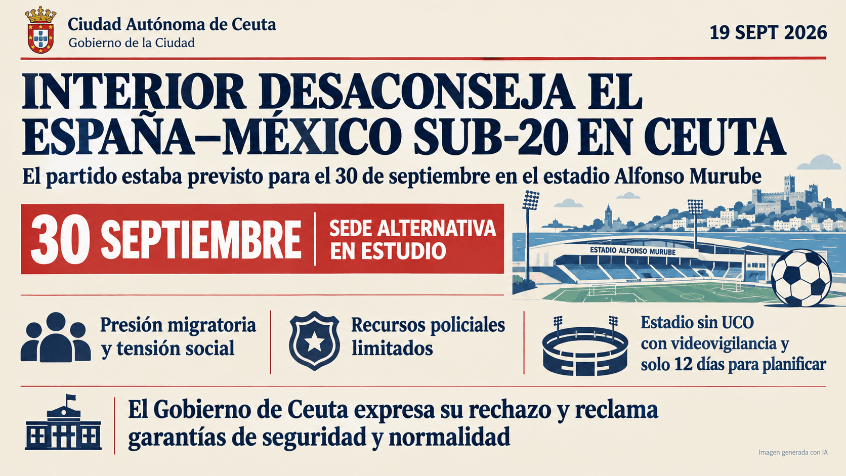 Ceuta expresa “decepción, desilusión y malestar” ante la petición de Interior de no celebrar el amistoso Sub-20