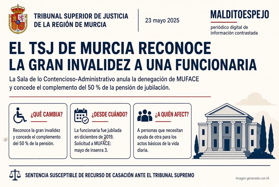El TSJ de Murcia reconoce la gran invalidez a una funcionaria que empeoró tras jubilarse