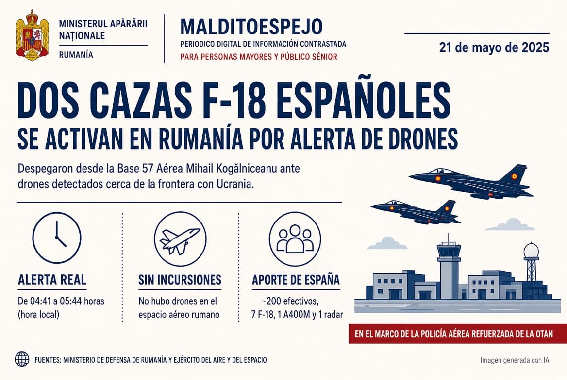 Dos cazas F-18 españoles se activan en Rumanía ante una alerta por drones rusos