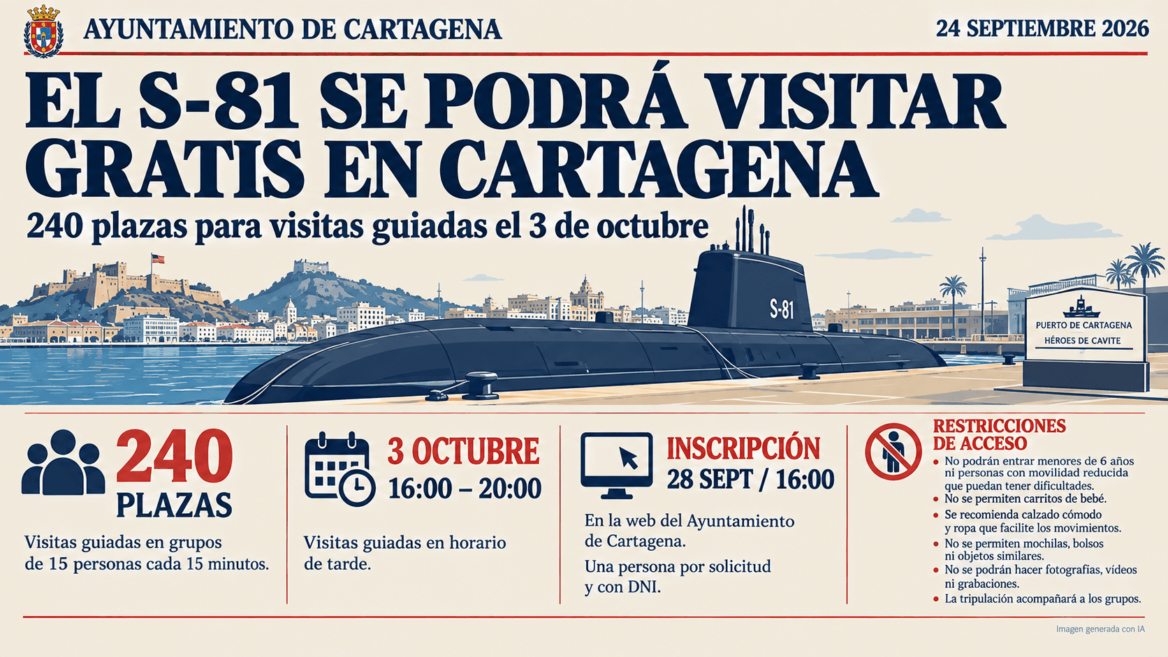 El submarino Isaac Peral S-81 podrá visitarse gratis en Cartagena el 3 de octubre