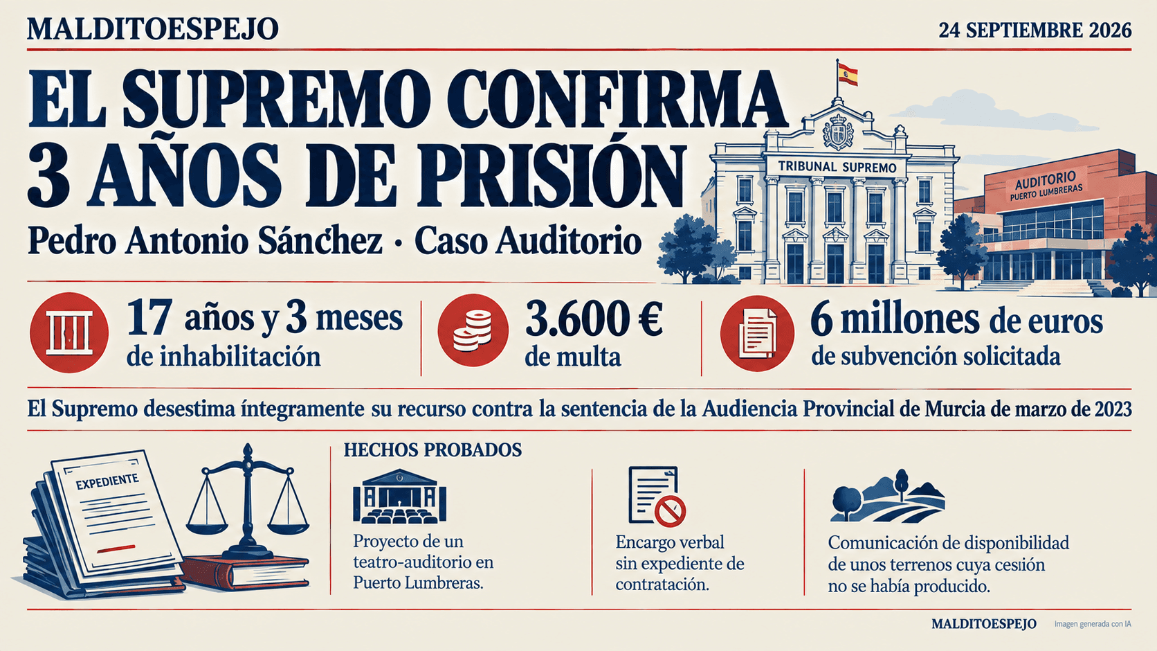 El Supremo confirma la condena de 3 años de prisión a Pedro Antonio Sánchez por el auditorio de Puerto Lumbreras