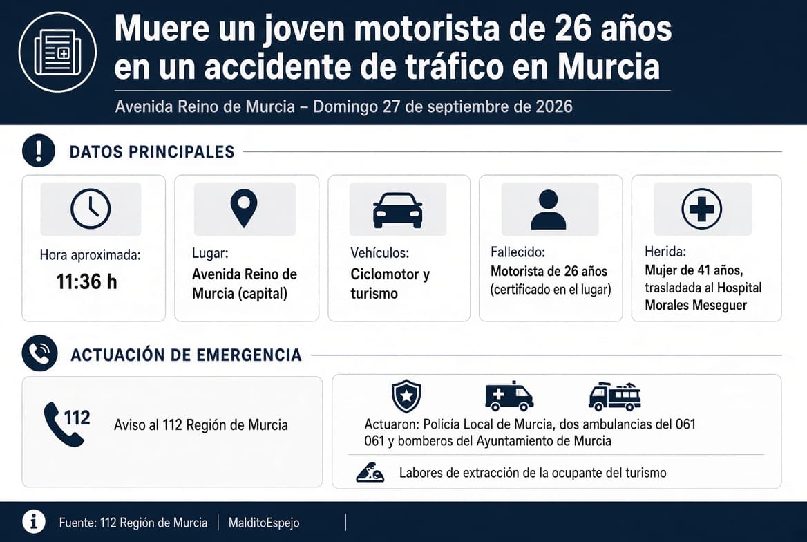 Muere un joven motorista de 26 años en un accidente de tráfico en Murcia