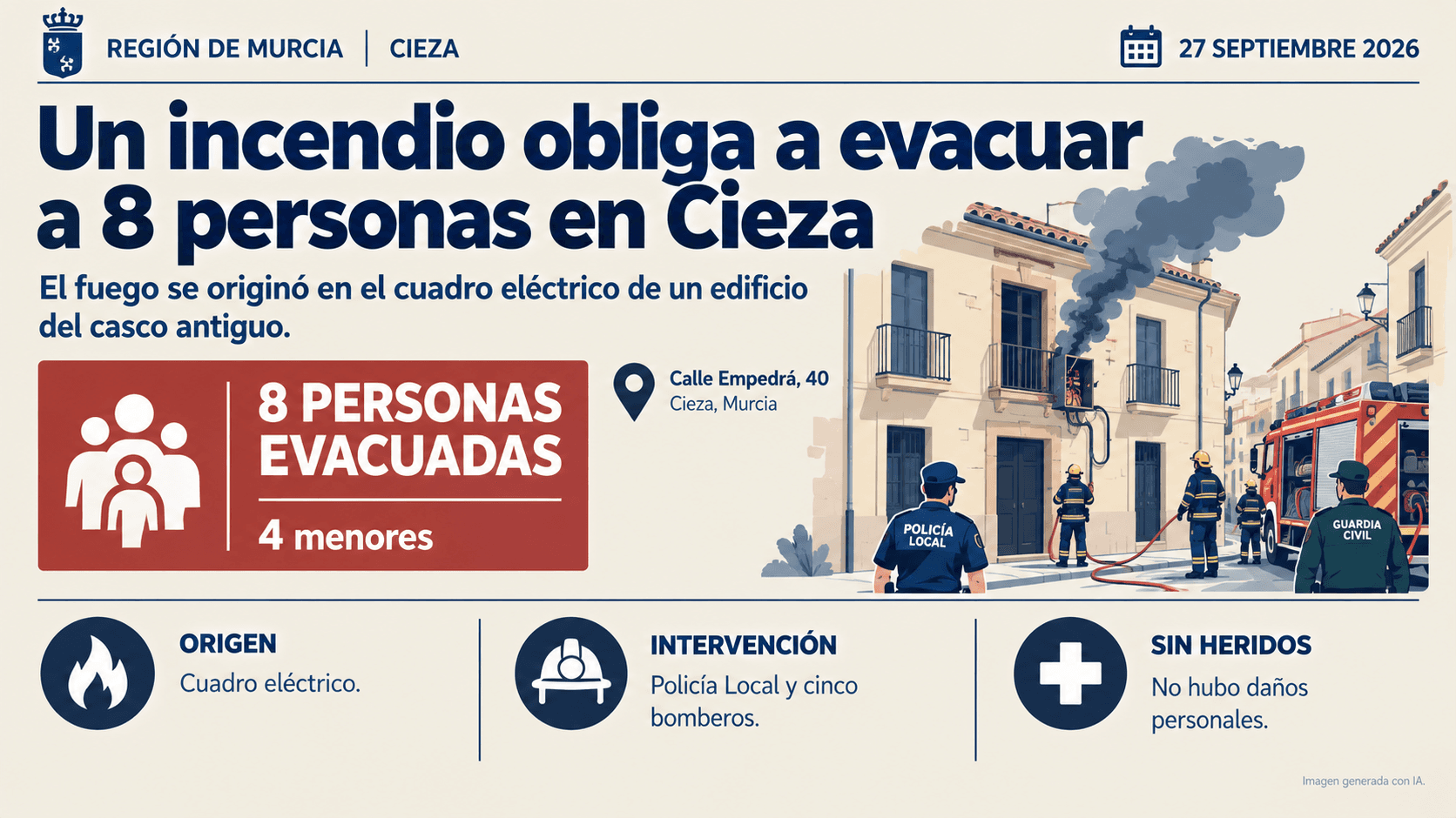 Un incendio obliga a evacuar a 8 personas de un edificio en Cieza