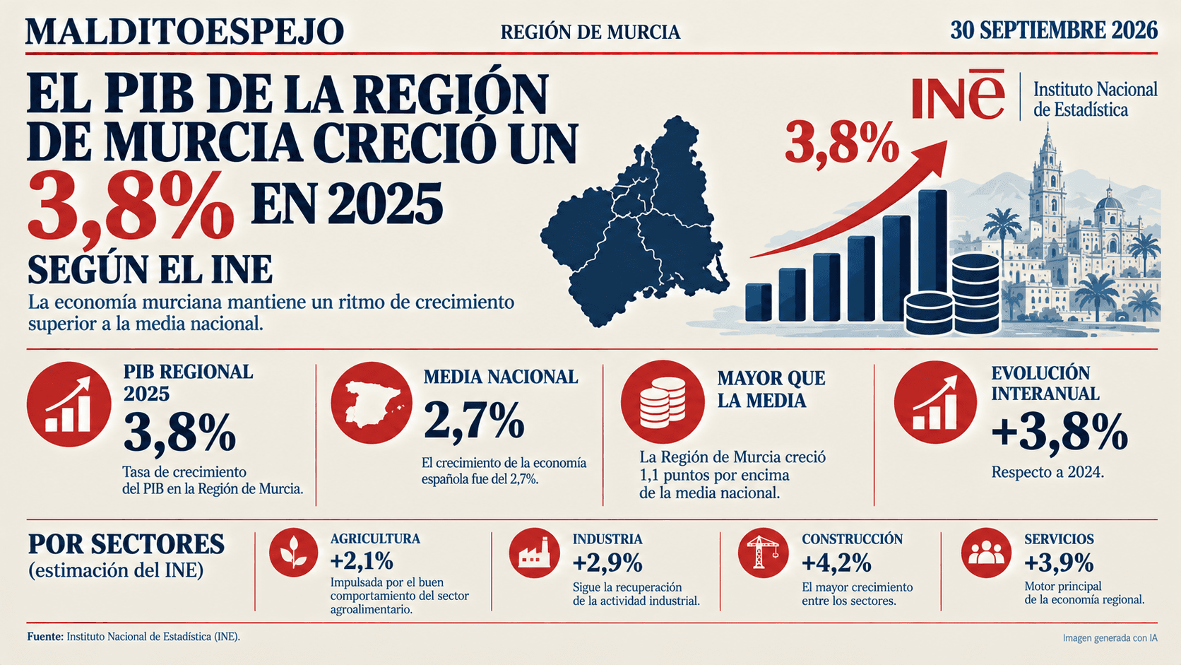 El PIB de la Región de Murcia creció un 3,8 % en 2025, el mayor aumento de España