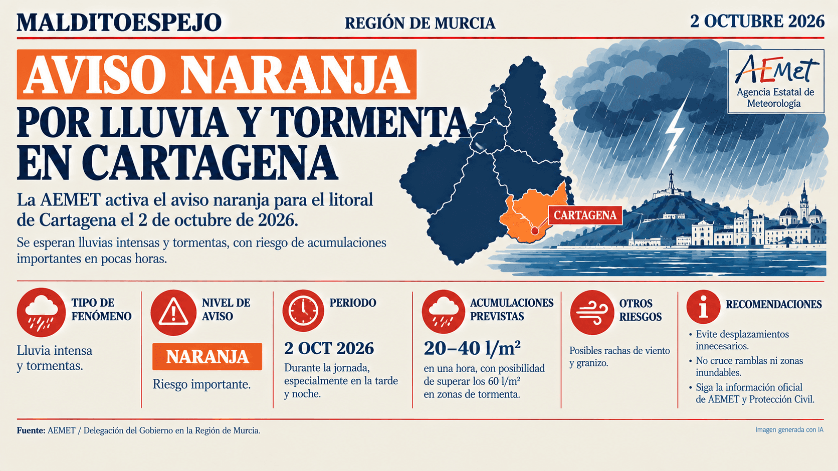 Aviso naranja por lluvia y tormenta este viernes en Cartagena y comarca