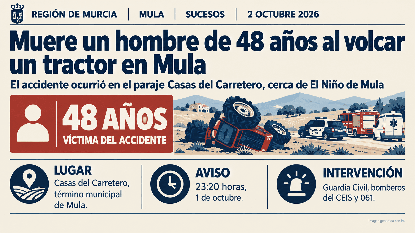Muere un hombre de 48 años al volcar el tractor que conducía en Mula