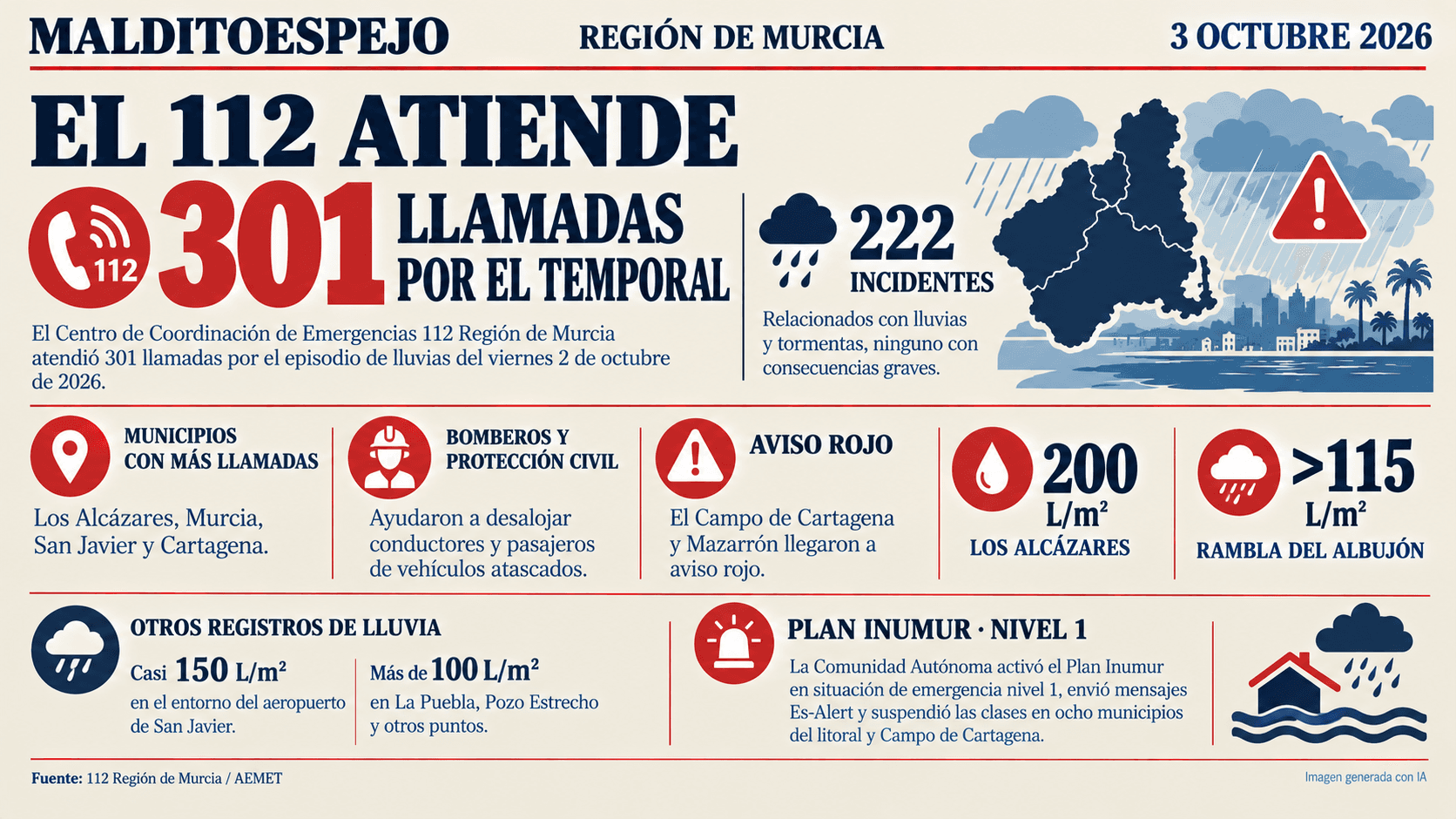 El 112 atiende más de 300 llamadas en el episodio de aviso rojo por lluvias
