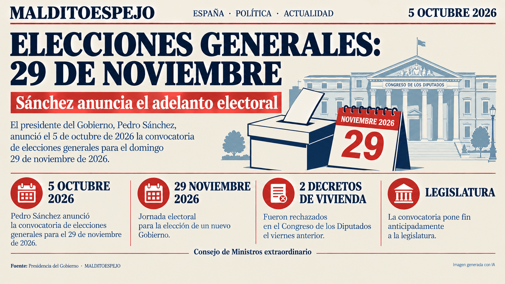 Pedro Sánchez convoca elecciones generales para el 29 de noviembre