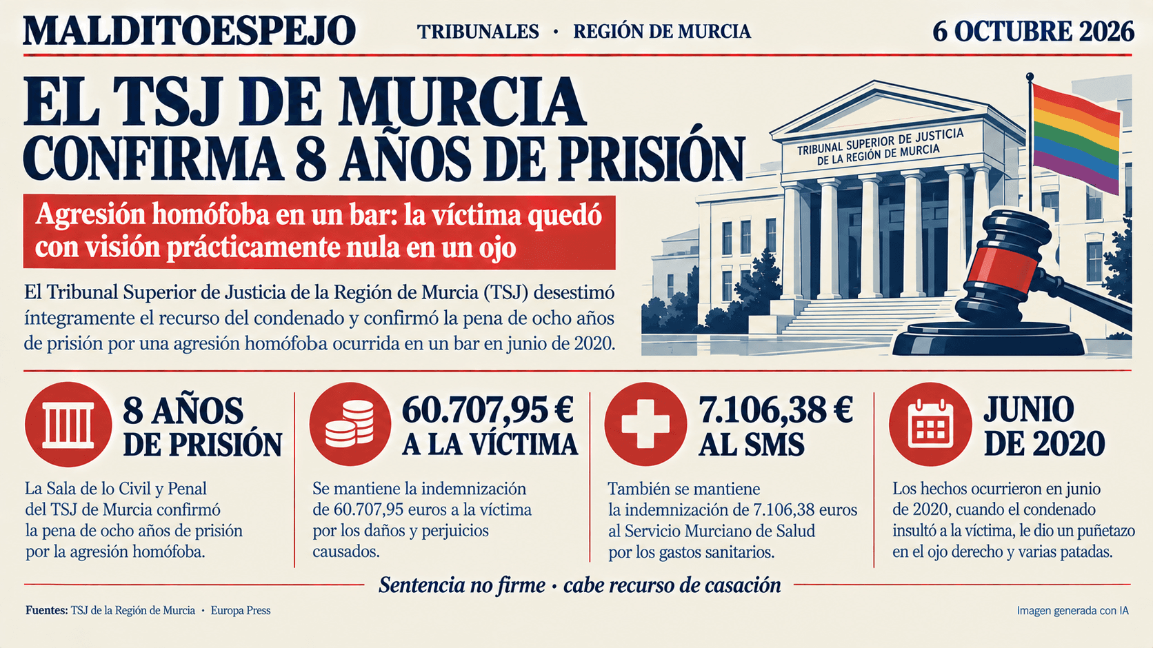 El TSJ de Murcia confirma ocho años de prisión por una agresión motivada por la homosexualidad de la víctima