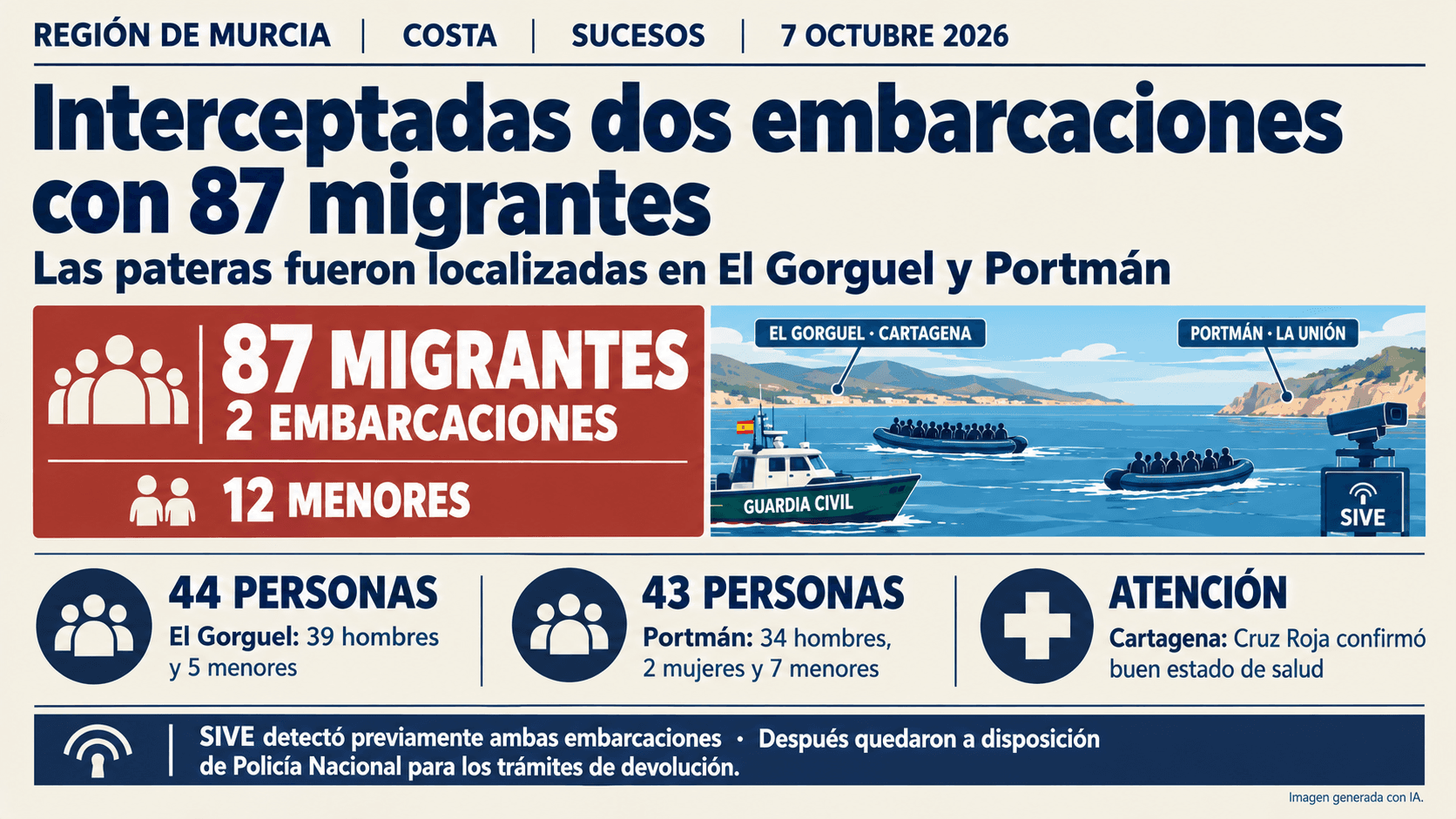 Interceptan a 87 migrantes a bordo de dos embarcaciones en las costas de Cartagena y La Unión