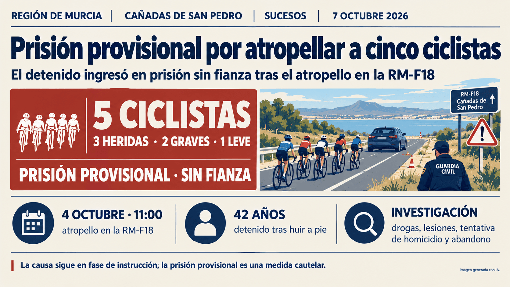 Prisión provisional sin fianza para el responsable del atropello de cinco ciclistas en Murcia