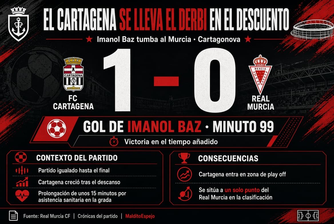 El Cartagena se lleva el derbi en el descuento: Imanol Baz tumba al Murcia
