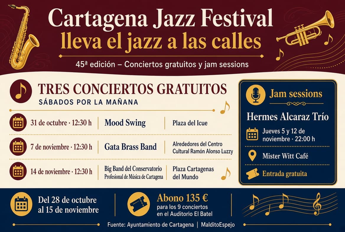 Mood Swing, Gata Brass Band y la Big Band del Conservatorio llevarán el jazz a las calles de Cartagena