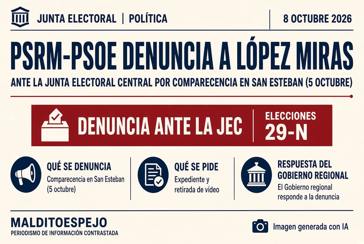 El PSRM denuncia a López Miras ante la Junta Electoral por su comparecencia en San Esteban