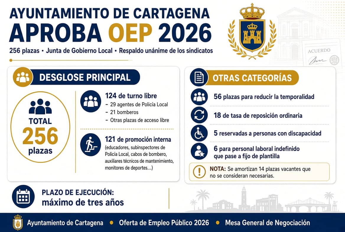 El Ayuntamiento de Cartagena aprueba una oferta de empleo de 256 plazas para 2026