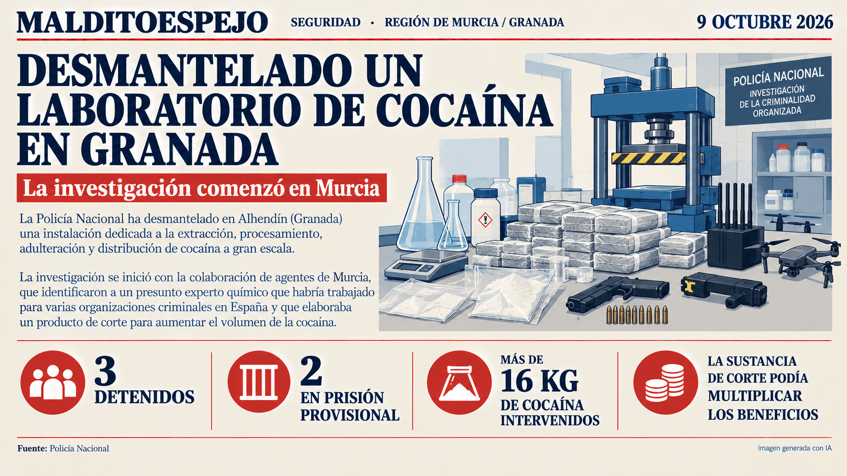 La Policía Nacional detiene en Granada a un ‘cocinero’ de cocaína detectado desde Murcia