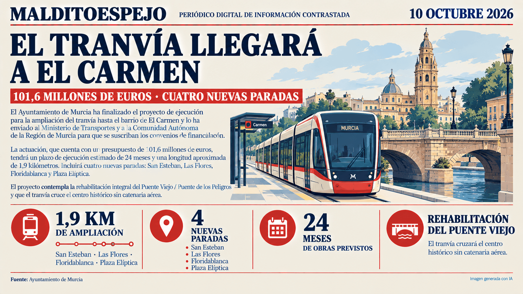 El tranvía llegará a El Carmen con cuatro nuevas paradas y una inversión de 101,6 millones