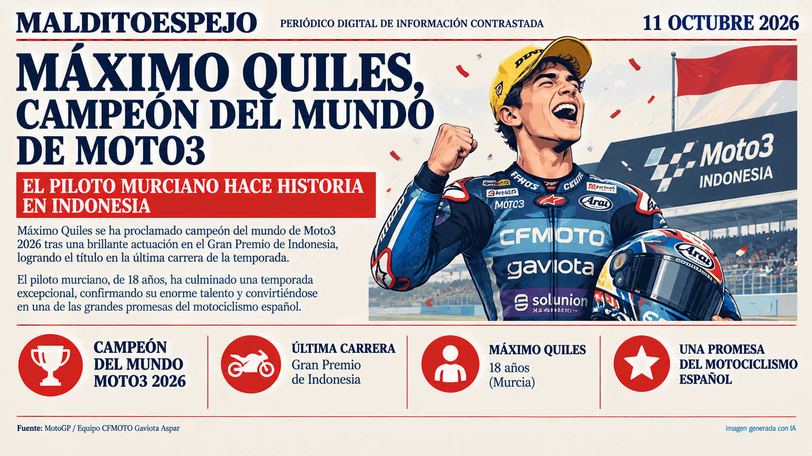 Máximo Quiles se proclama campeón del mundo de Moto3 en Indonesia