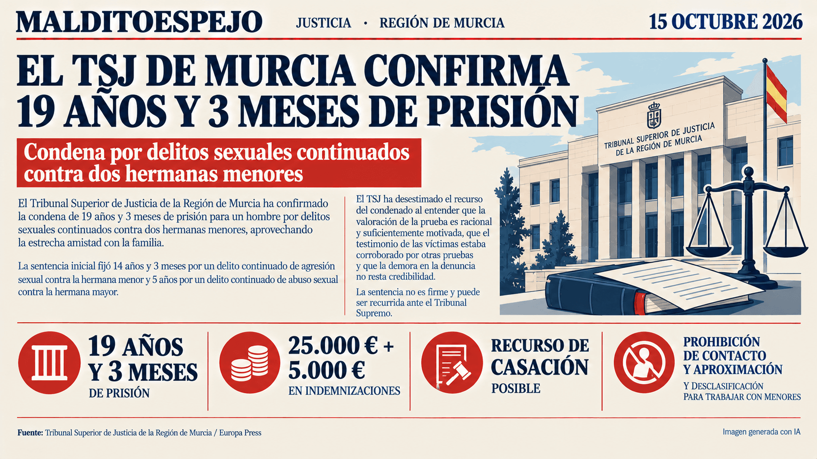 El TSJ de Murcia confirma 19 años y tres meses de prisión por agresión sexual a dos hermanas menores